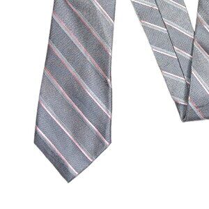 DKNY Silk Repp Tie Men’s 58.5” Gray Pink Striped Designer Classic Tie New
